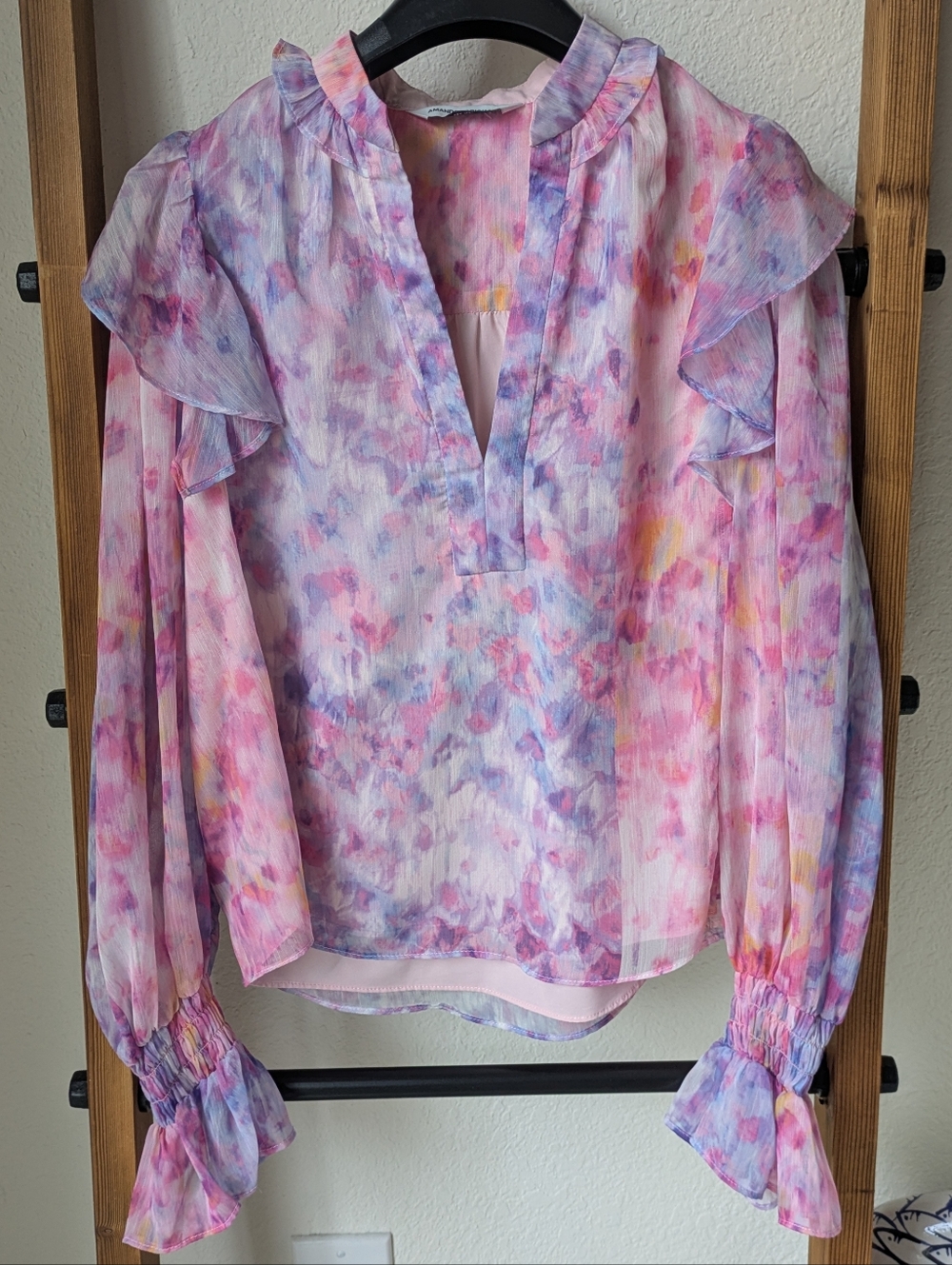 Amanda Uprichard Women's Pink & Lavender Watercolor Ruffle Blouse